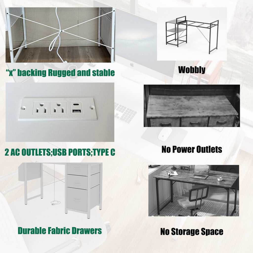 47.3'office desk with power outlet,3 drawers,Side Pocket, Study Desk Easy to Assemble,Frame stability Reversible for home desk, company computer desk, game table,Vanity table, white