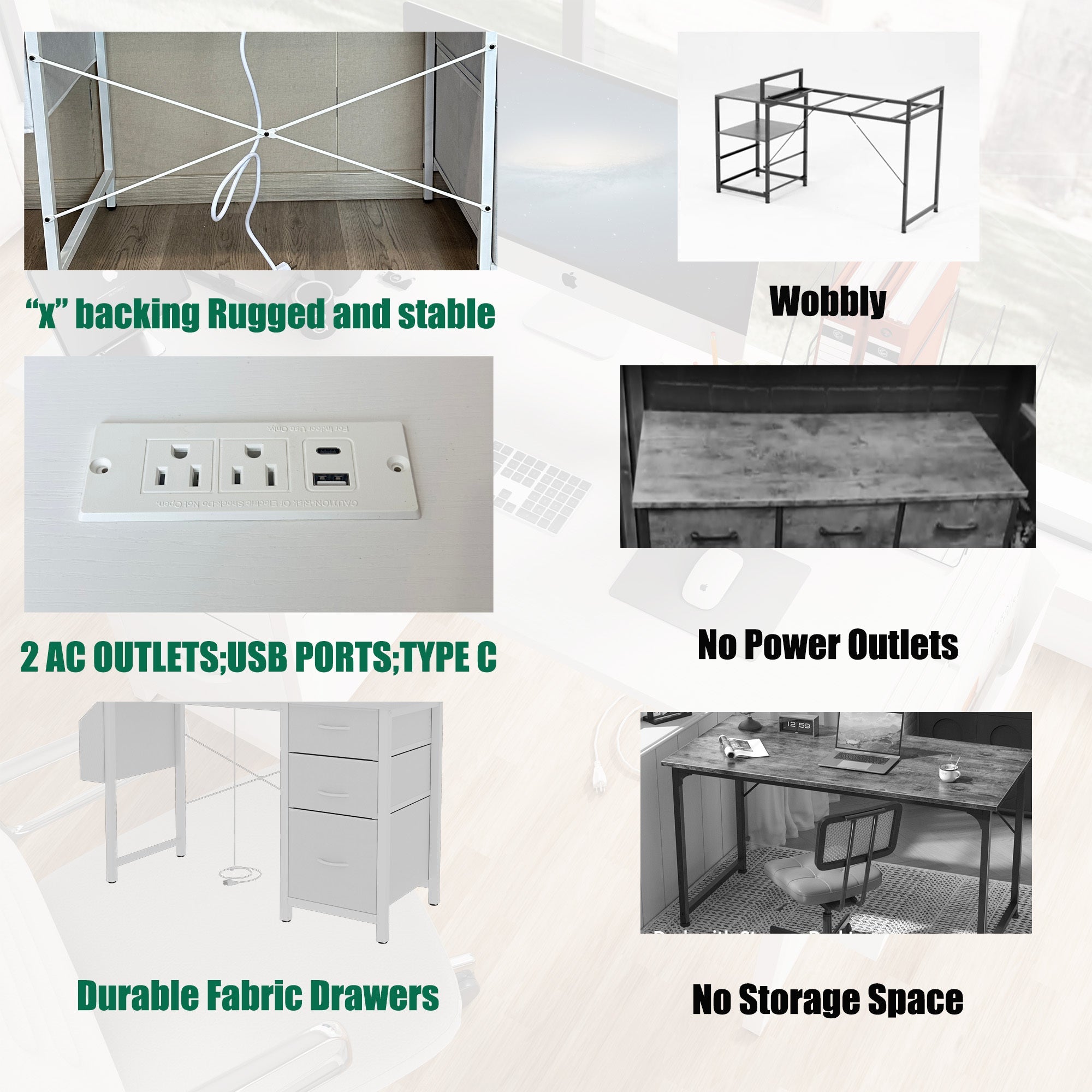 47.3'office desk with power outlet,3 drawers,Side Pocket, Study Desk Easy to Assemble,Frame stability Reversible for home desk, company computer desk, game table,Vanity table, white