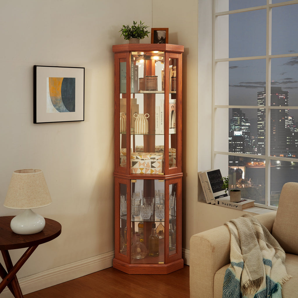 Corner Glass Cabinet Lighted Curio Cabinet Corner Display Case for Living Room, Curio Cabinet, Antique collection, Wine,Bar Glass Storage Light Included, Dark oak