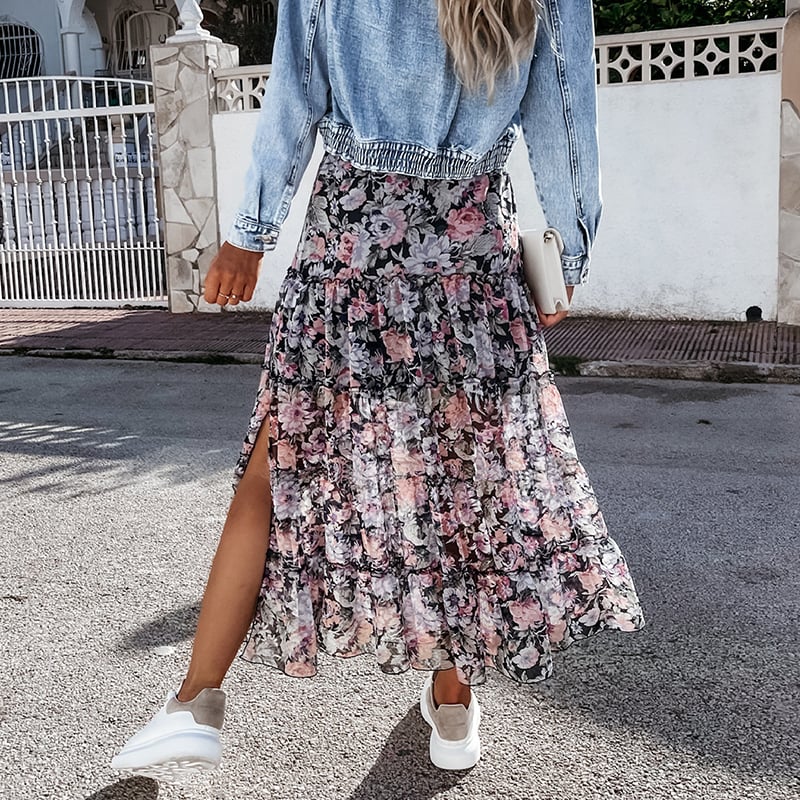 Bohemian Floral Chiffon Long Skirt for Women