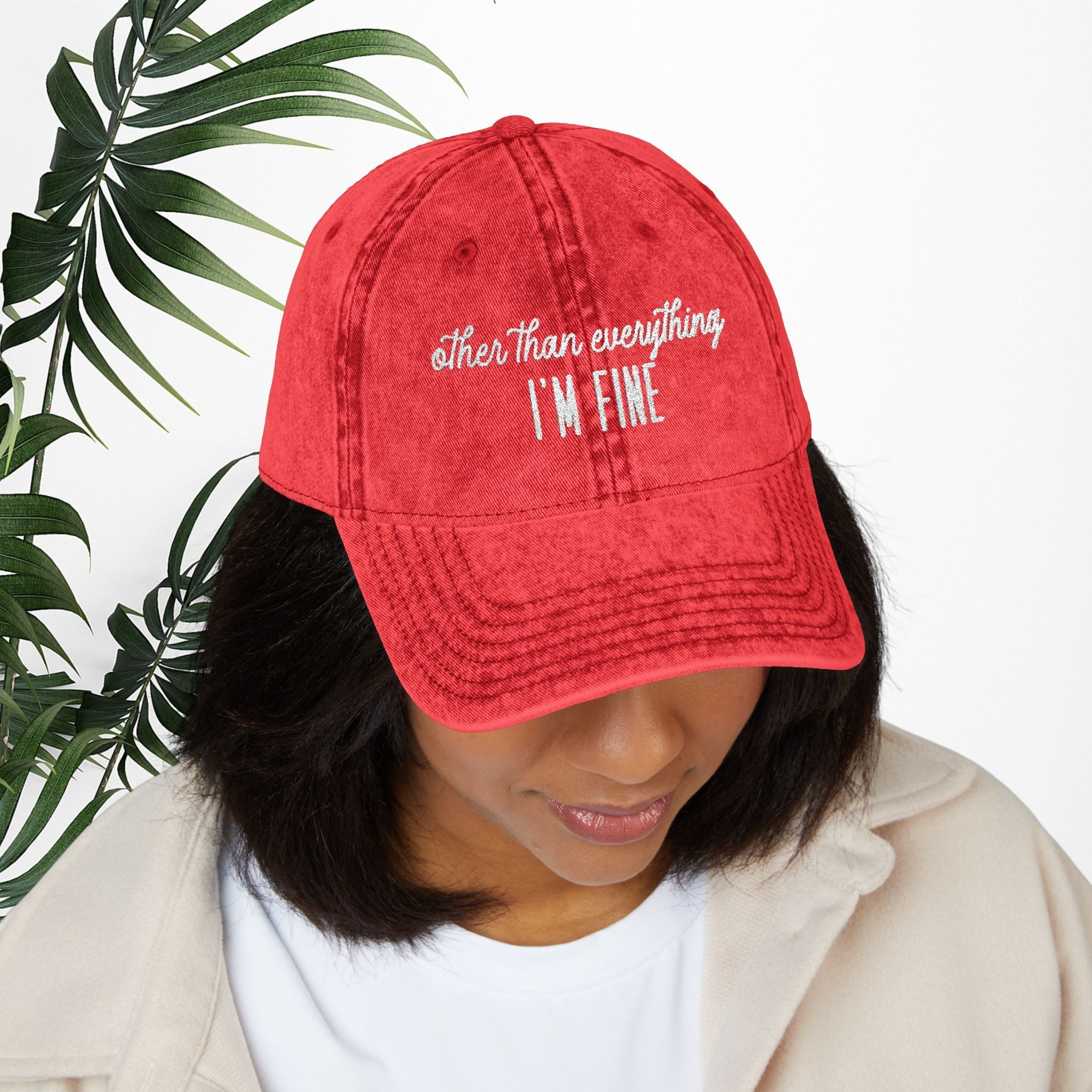 Bespattered Facade "I'm Fine" White Embroidered Vintage Cap