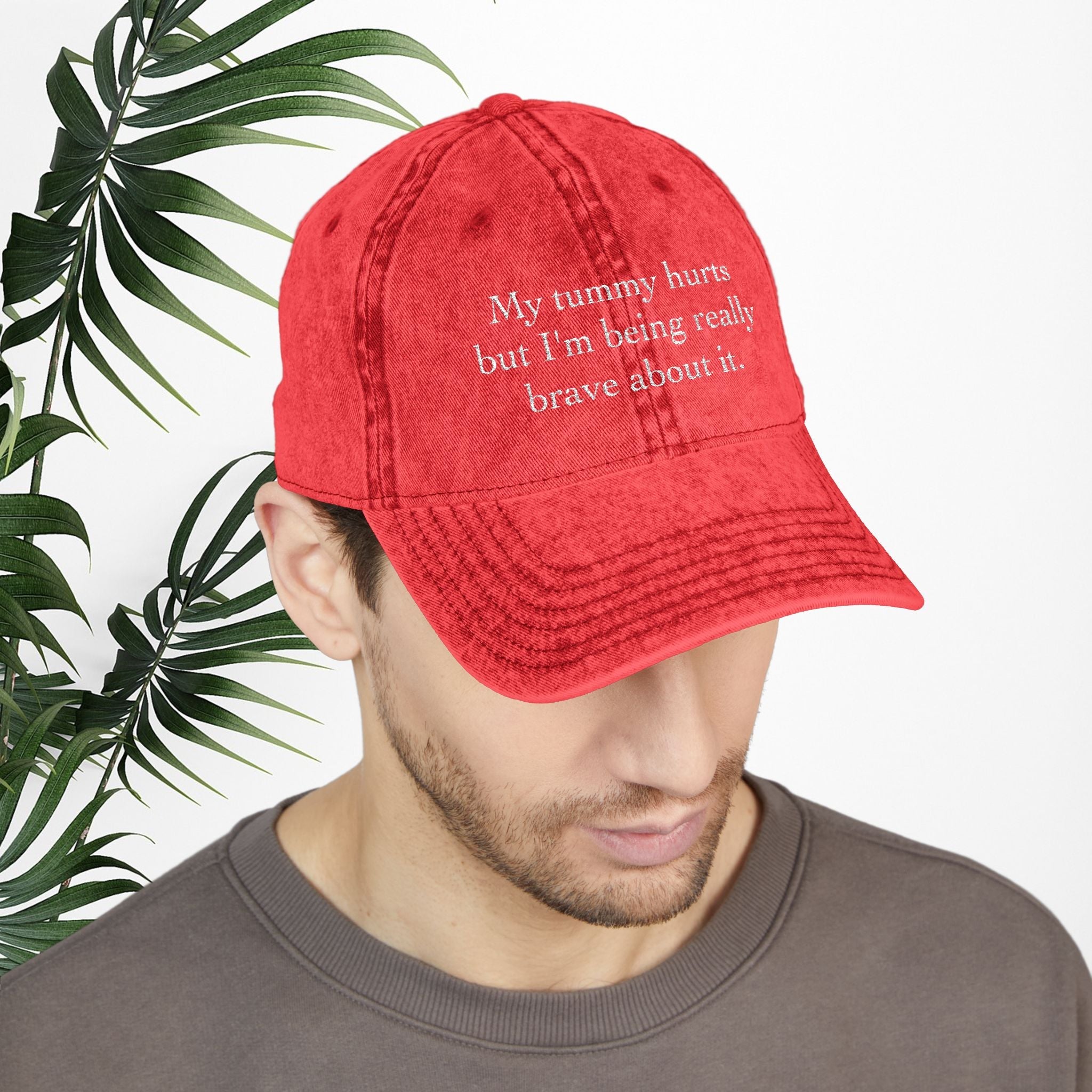 Bespattered Facade "My Tummy Hurts" White Embroidered Vintage Cap