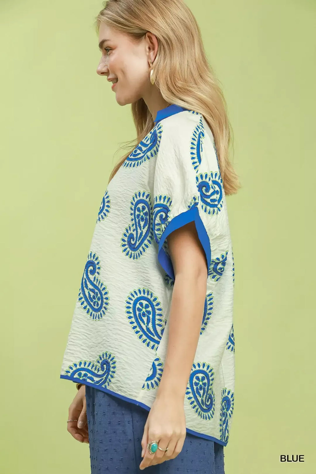 Umgee Paisley Print Contrast Trim Top