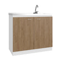 Napoles Utility Sink with Faucet Inclued and Integrated Stainless Steel Counter top, Freestanding cabinet with two doors, Metal Handles and Two interior shelves, Natural+White