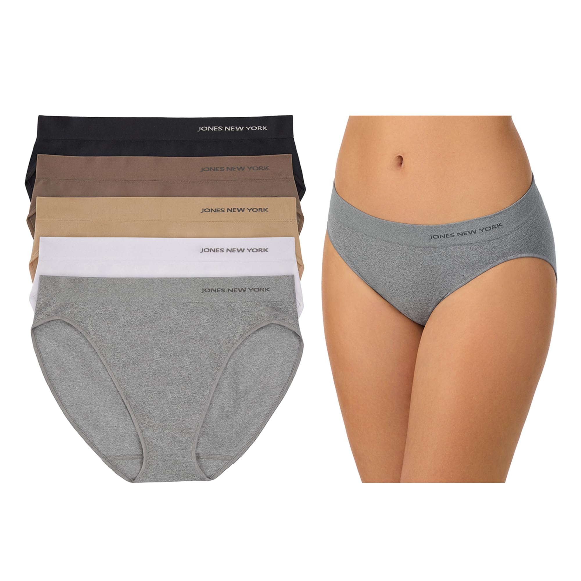 Jones New York Underwear for Women Modern Bikini Brief Full Coverage Seamless Stretch Comfort Panties - 5 Pack Multipack - Heather Grey/White/Nude/Java/Black Small