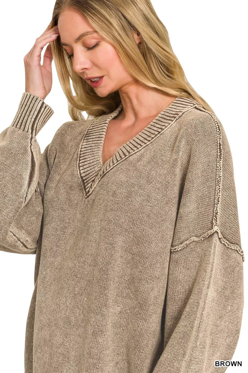 Zenana Washed Deep V-neck Oversized Sweater