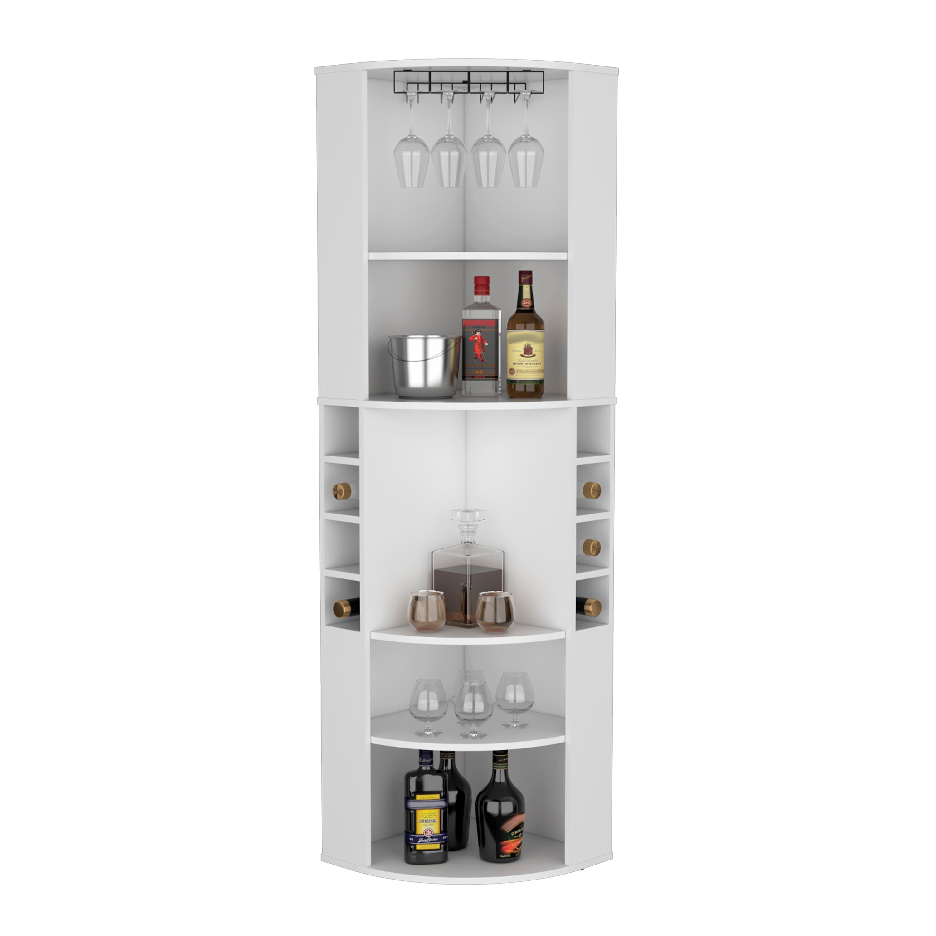 Oban Corner Bar Cabinet with Five Shelves , Eight Bottle Cubbies and Steamware White