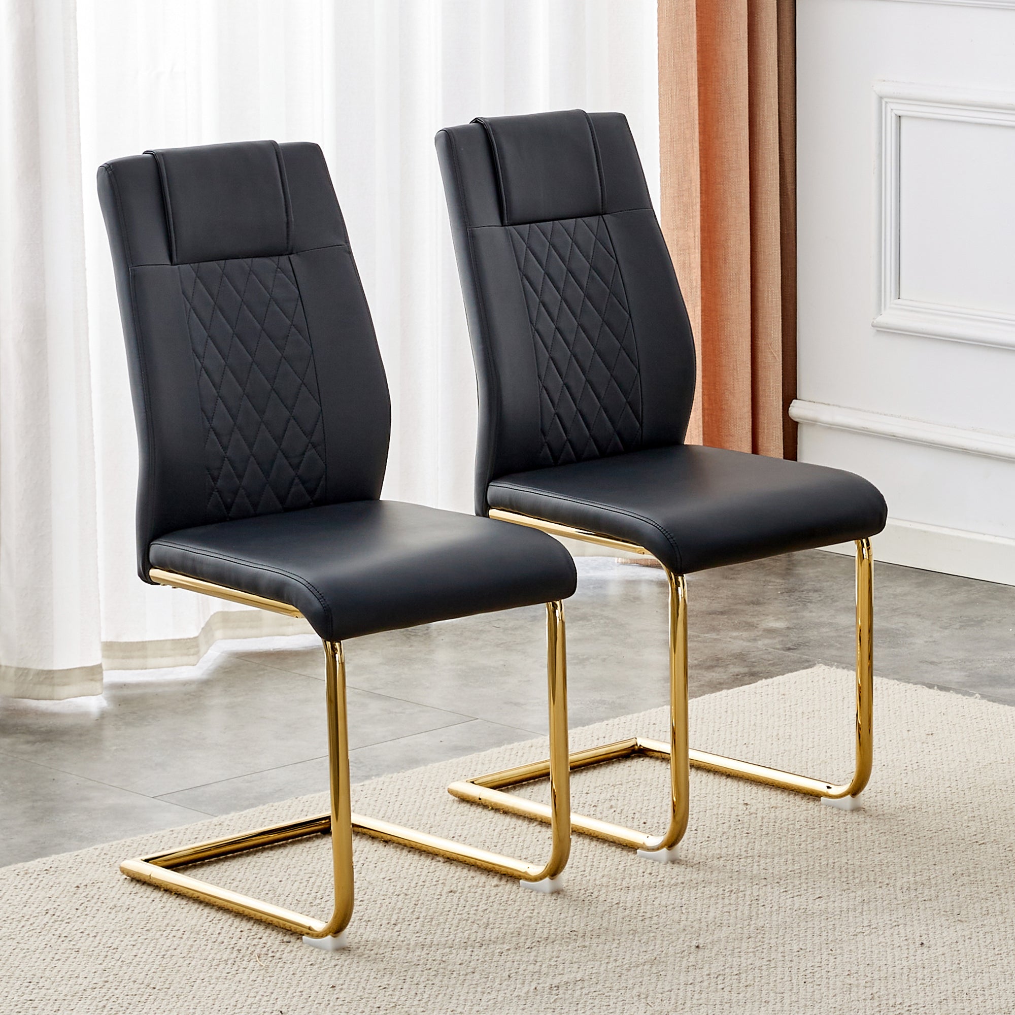 Modern dining chairs with faux leather padded seats, dining room chairs, gold metal leg upholstered chairs, suitable for kitchens, living rooms, bedrooms, and offices, set of 6 (black+PU leather)C-001