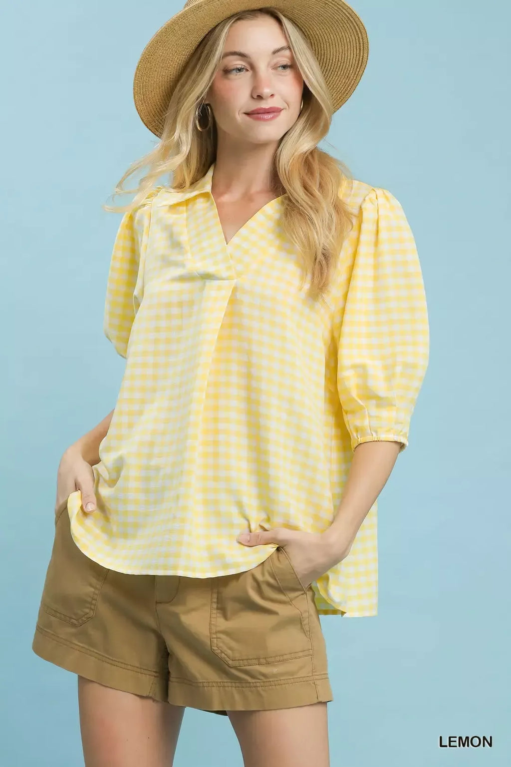 Umgee Gingham Puff Sleeve Collared Blouse