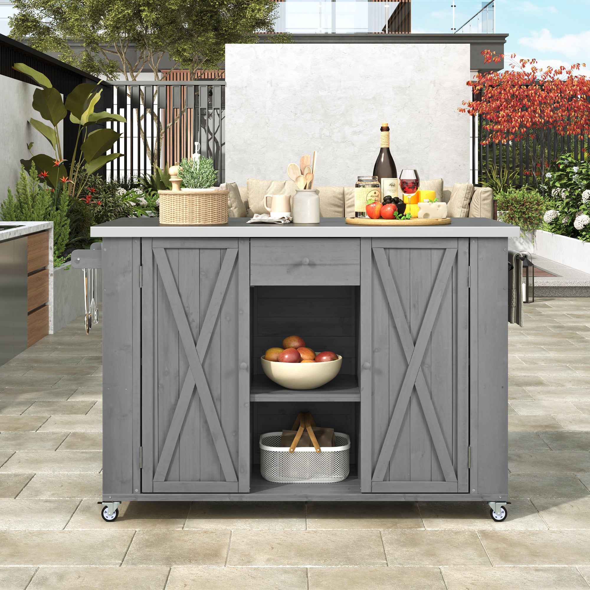 Outdoor Kitchen Island Fir Wood Kitchen Island with Stainless Steel Top, Ample Storage, Towel and Spice Racks, Bottle Opener, Grey