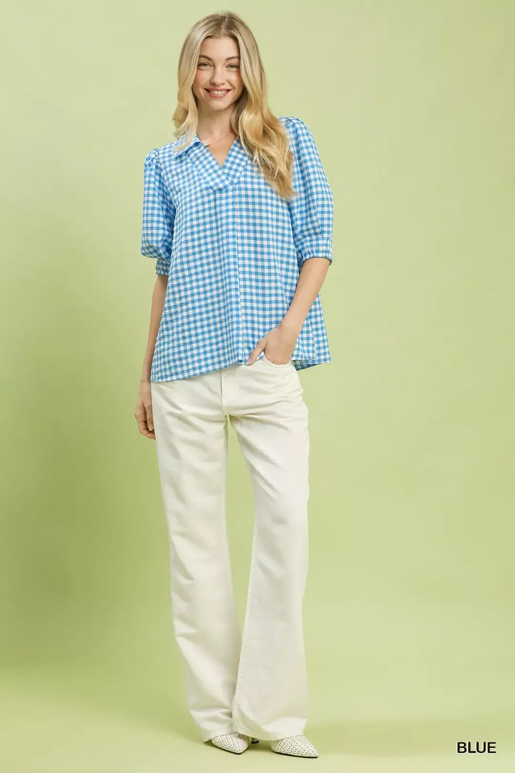 Umgee Gingham Puff Sleeve Collared Blouse
