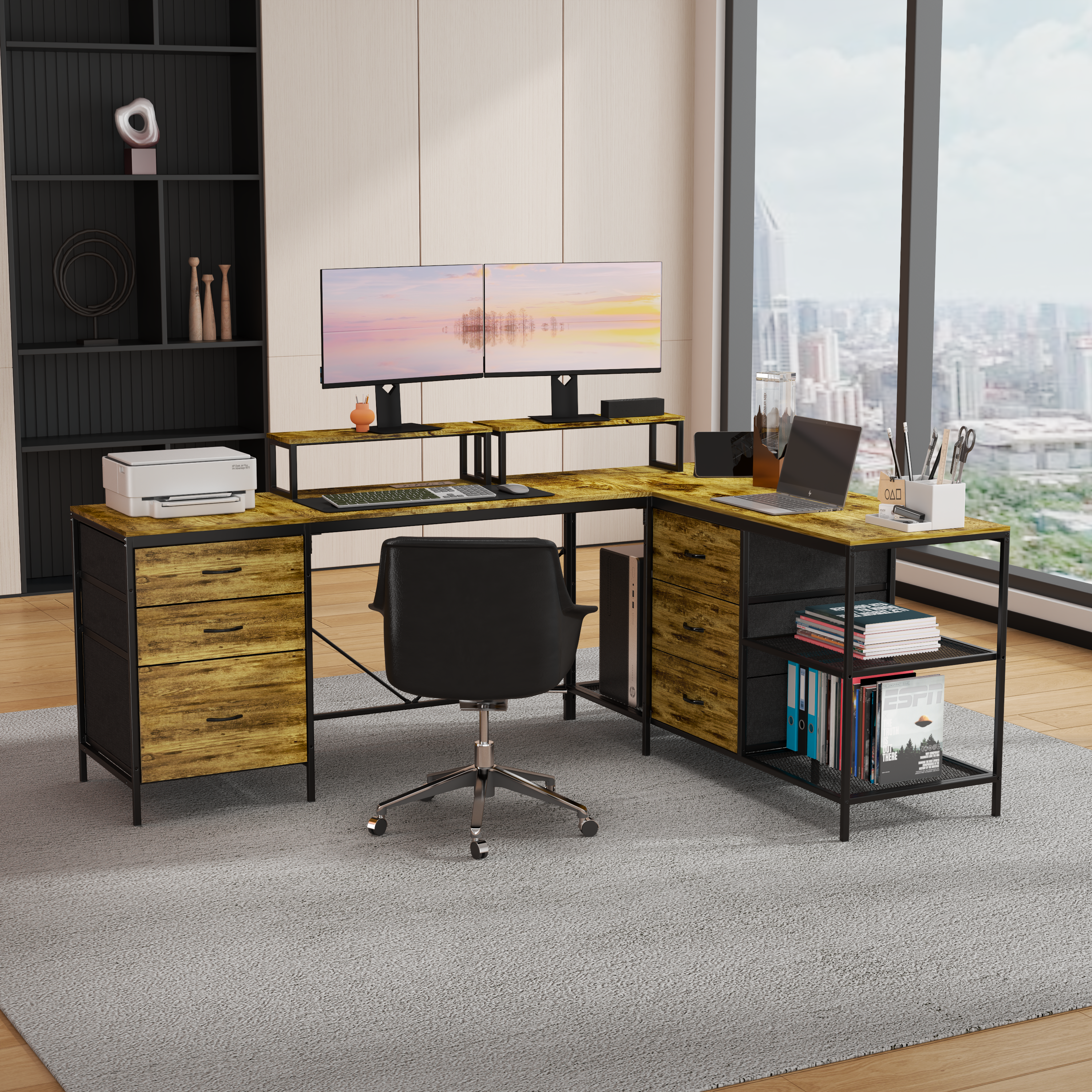 Industrial L-Shaped Computer Desk with Power Outlets & USB-C, Rustic Brown Metal Frame, 6 Fabric Drawers, 3 Open Shelves, Movable Monitor Stands, 114 Inch Corner Office Desk for Gaming and Work
