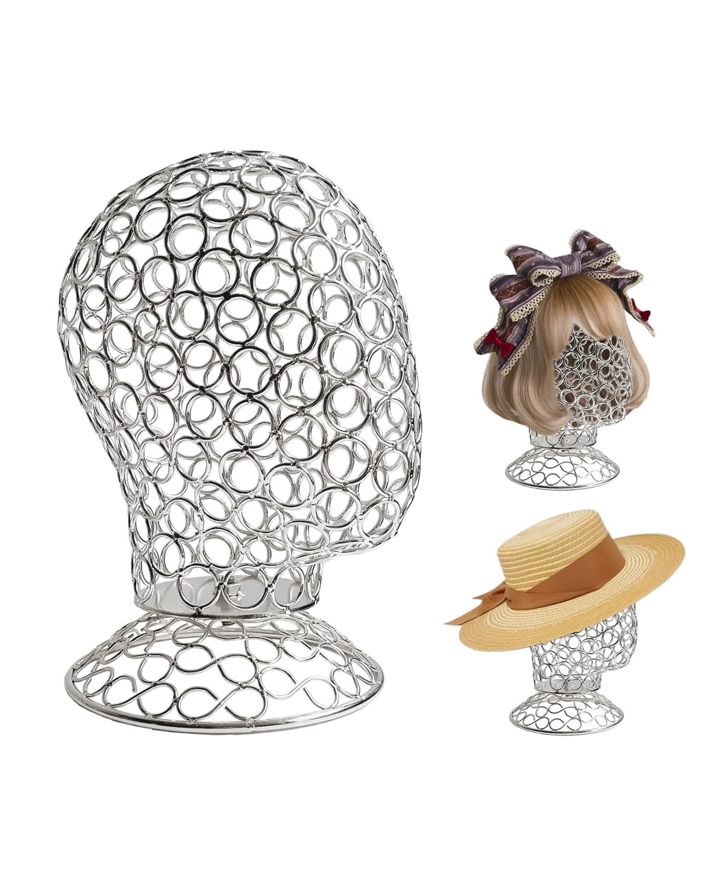 CHADWICK Wig Head Stand Metal Hollow Mannequin Head Hat Display Stand Wig Holder Wig Display Model Head Wig Stand for Wigs Hats Caps Headdress Headphones Dome + Detachable Stand Chrome Silver