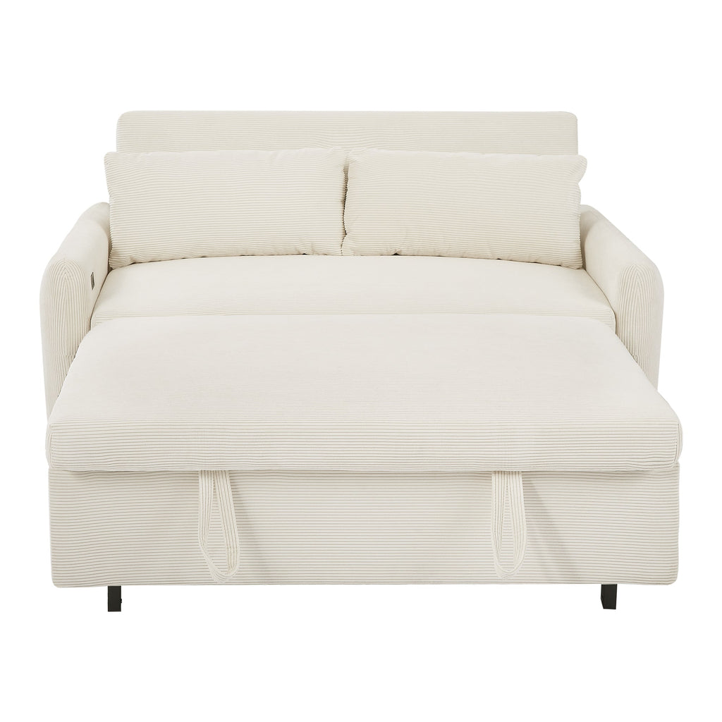 Modern Convertible Pull-out Sofa Bed with USB Ports and Pillows, Beige Corduroy, 57.48 inches