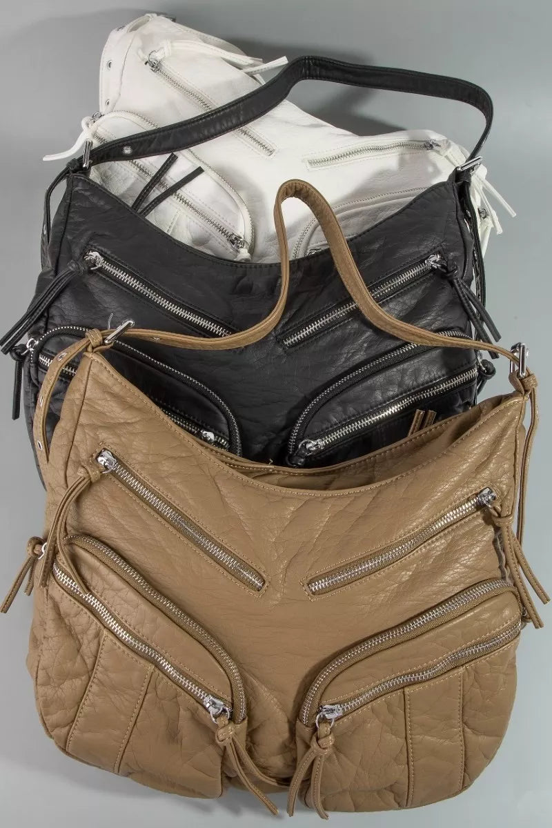 Fame Multi Zipper Pocket Leather Hobo Bag