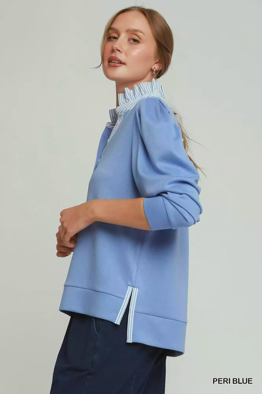 Umgee Stripe Ruffle Neck Long Sleeve Top