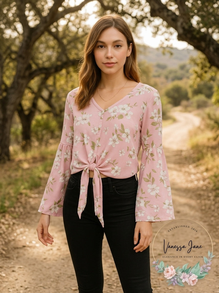 Polly & Esther Juniors Tie-Front Bell-Sleeve Top
