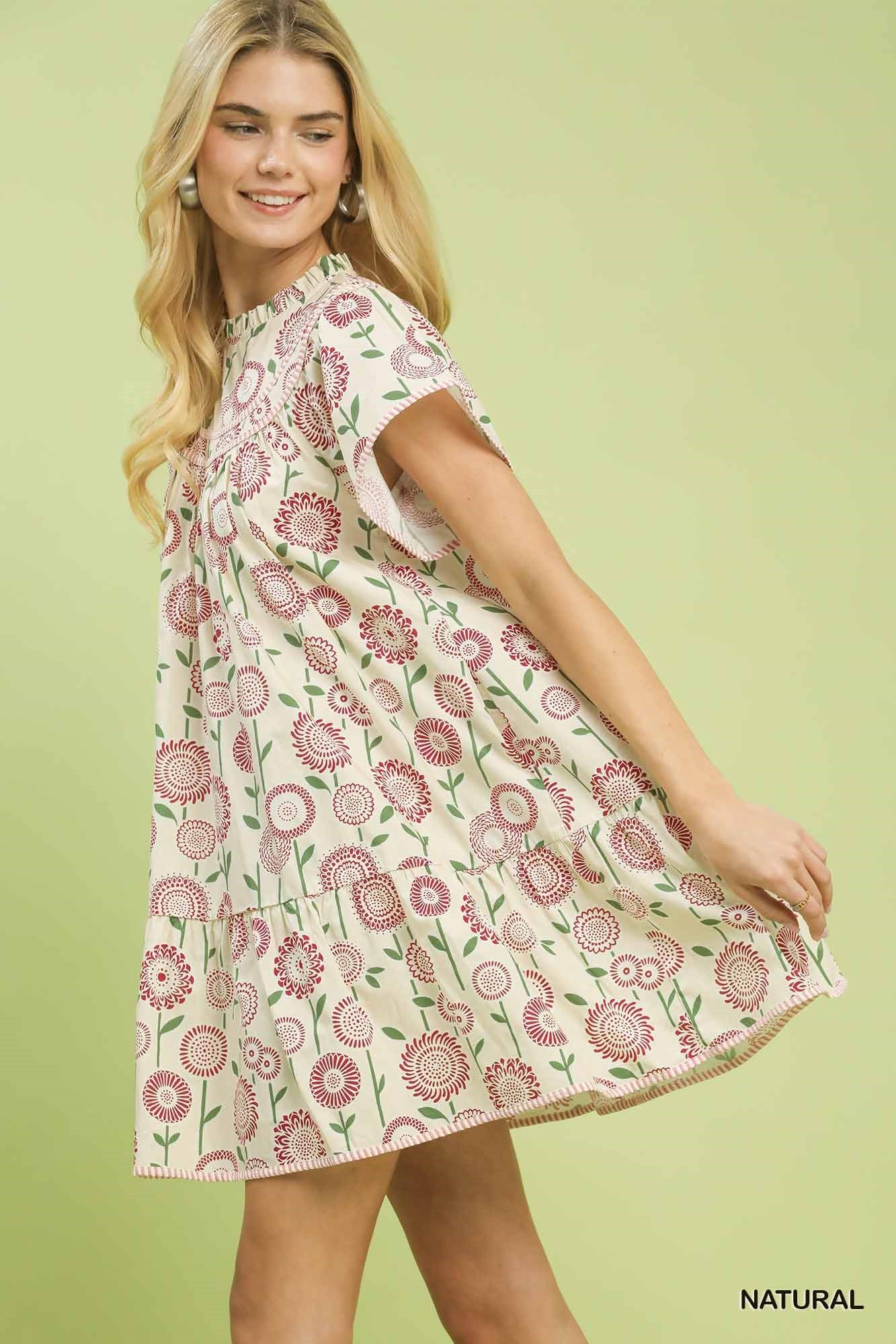 Umgee Floral Print Tiered Babydoll Dress