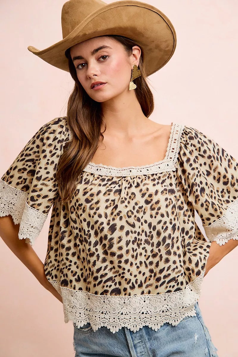 BiBi Leopard Lace Mix And Match Square Neckline Top