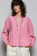POL Eyelet Lace Split Neck Gathered Empire Waist Cotton Blouse
