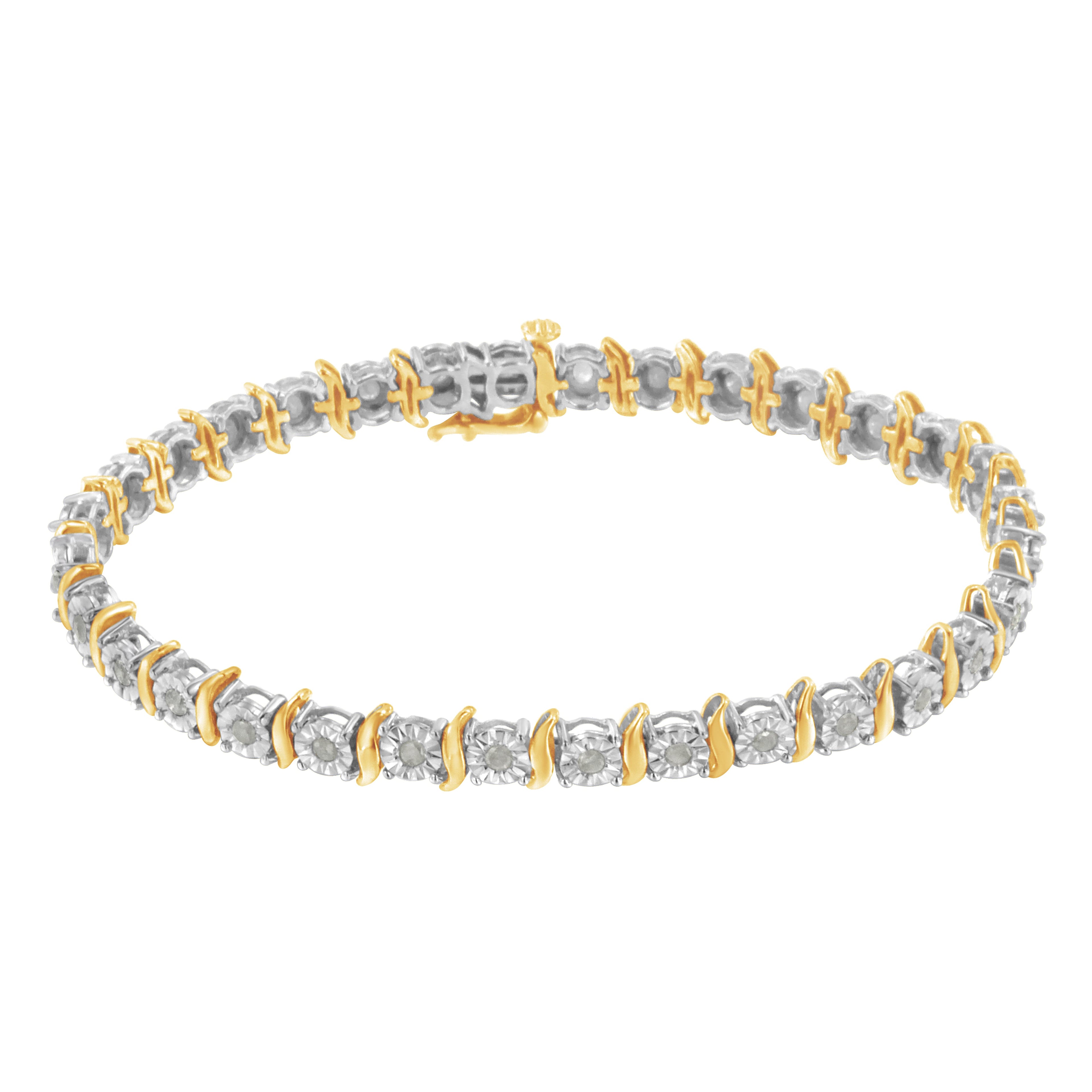 Two-Tone 10K Yellow Gold over .925 Sterling Silver 1.0 Cttw Diamond S-Curve Link Miracle-Set Tennis Bracelet (I-J Color, I3 Clarity) - 7"