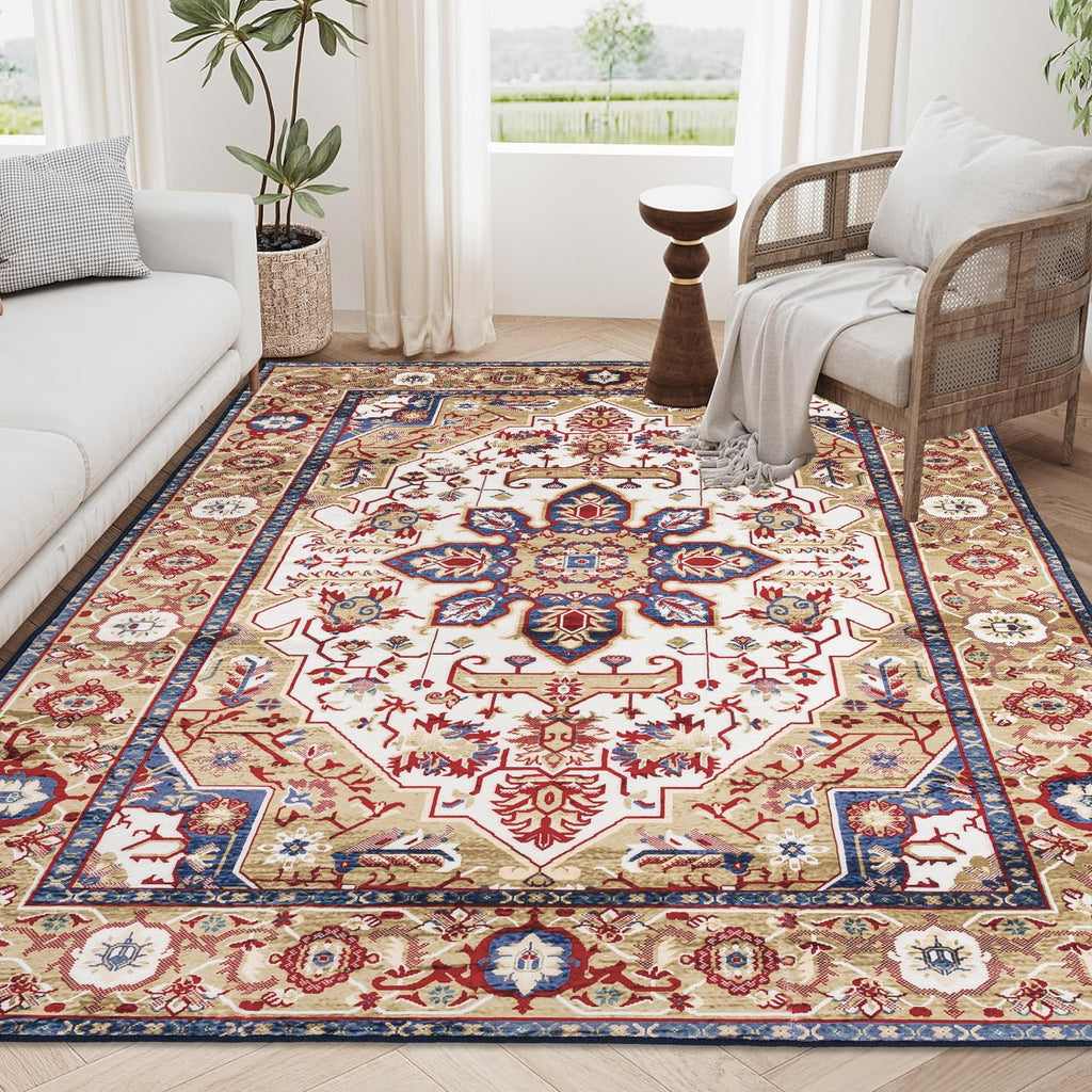 Area Rug 6x9 Vintage Bohemia Large Persian Non-slip Washable Rug For Living Room Kitchen Bedroom Living Room Flower Design Blue/Gold