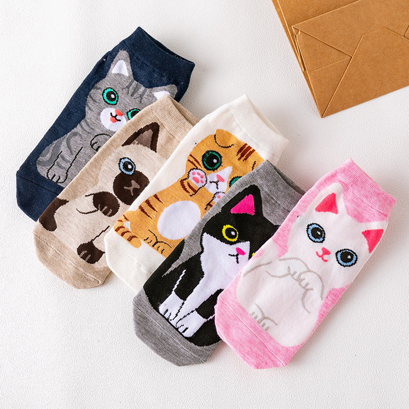 Women's Cartoon Ankle Socks with Dog and Cat Patterns