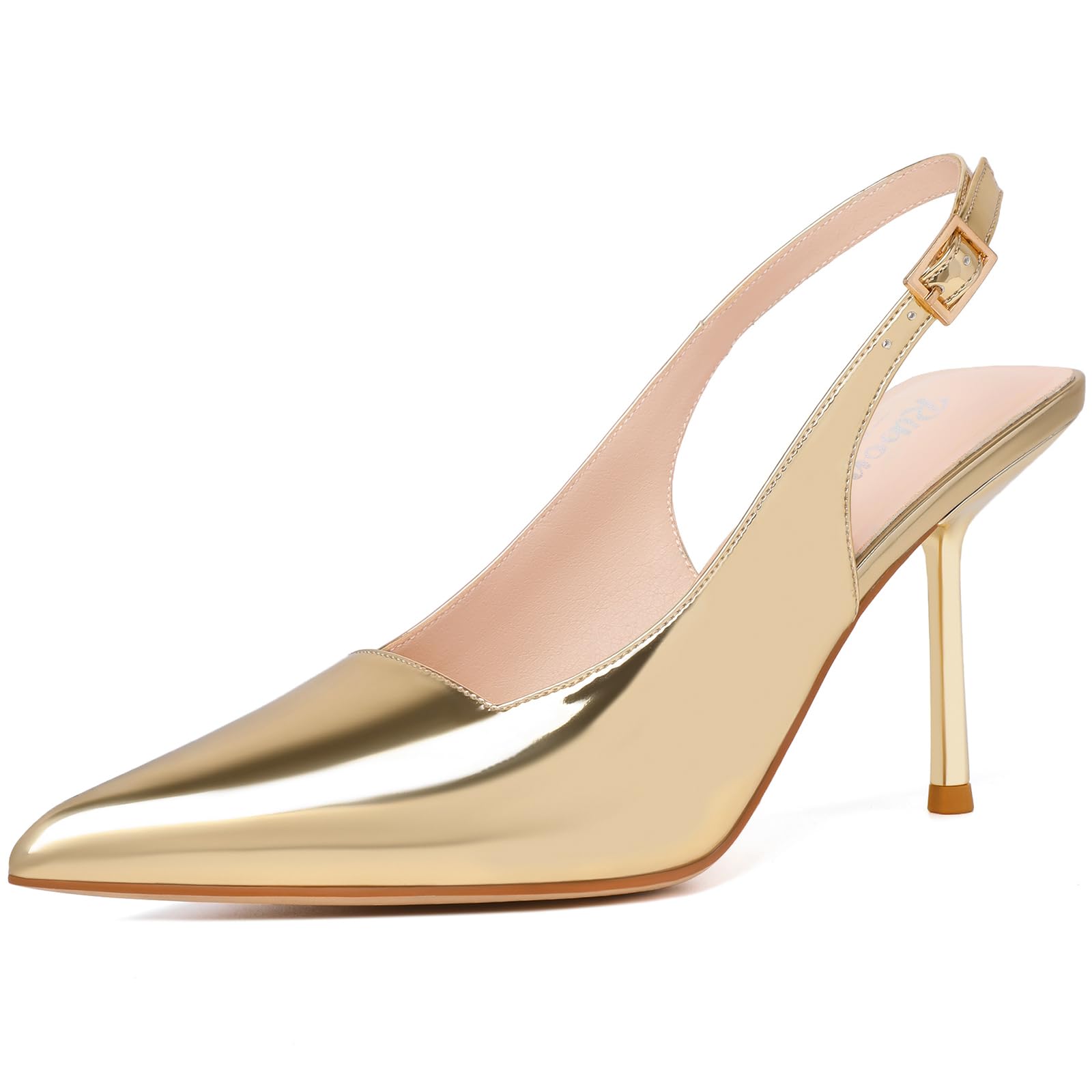 RIBONGZ Gold Closed Toe Pointy High Heels Sexy Slingback Pumps Elegant Dressy Heels for Women Wedding Bride Kitten Heels Prom Party Evening Shoes 7.5