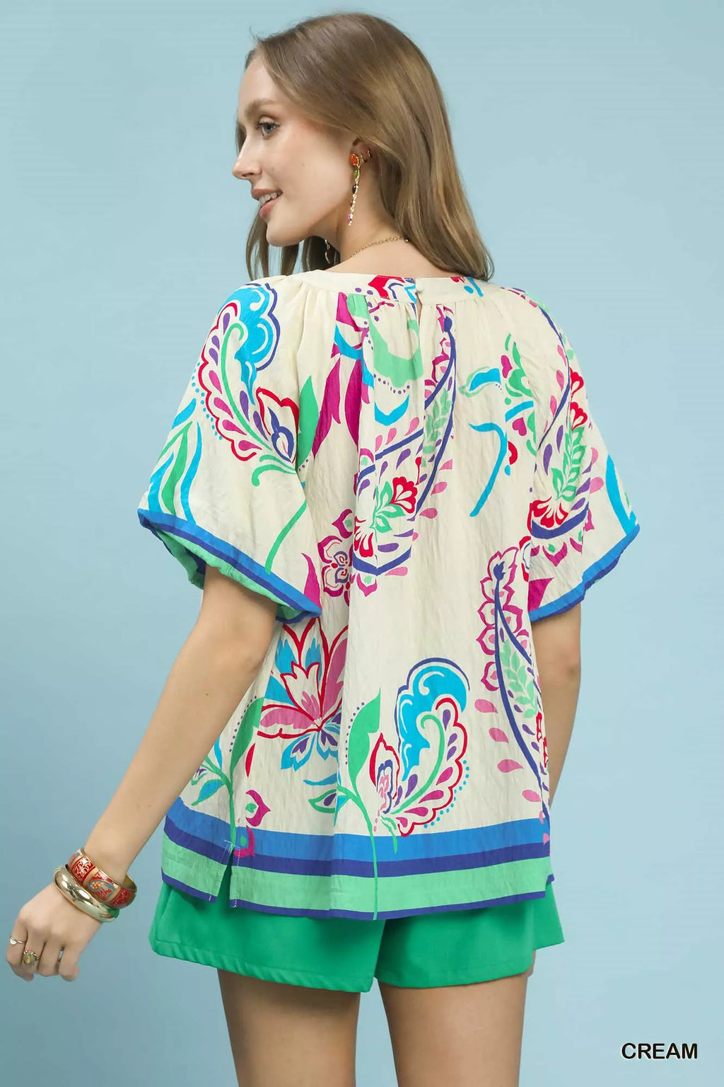 Umgee Border Print Puff Sleeve Blouse
