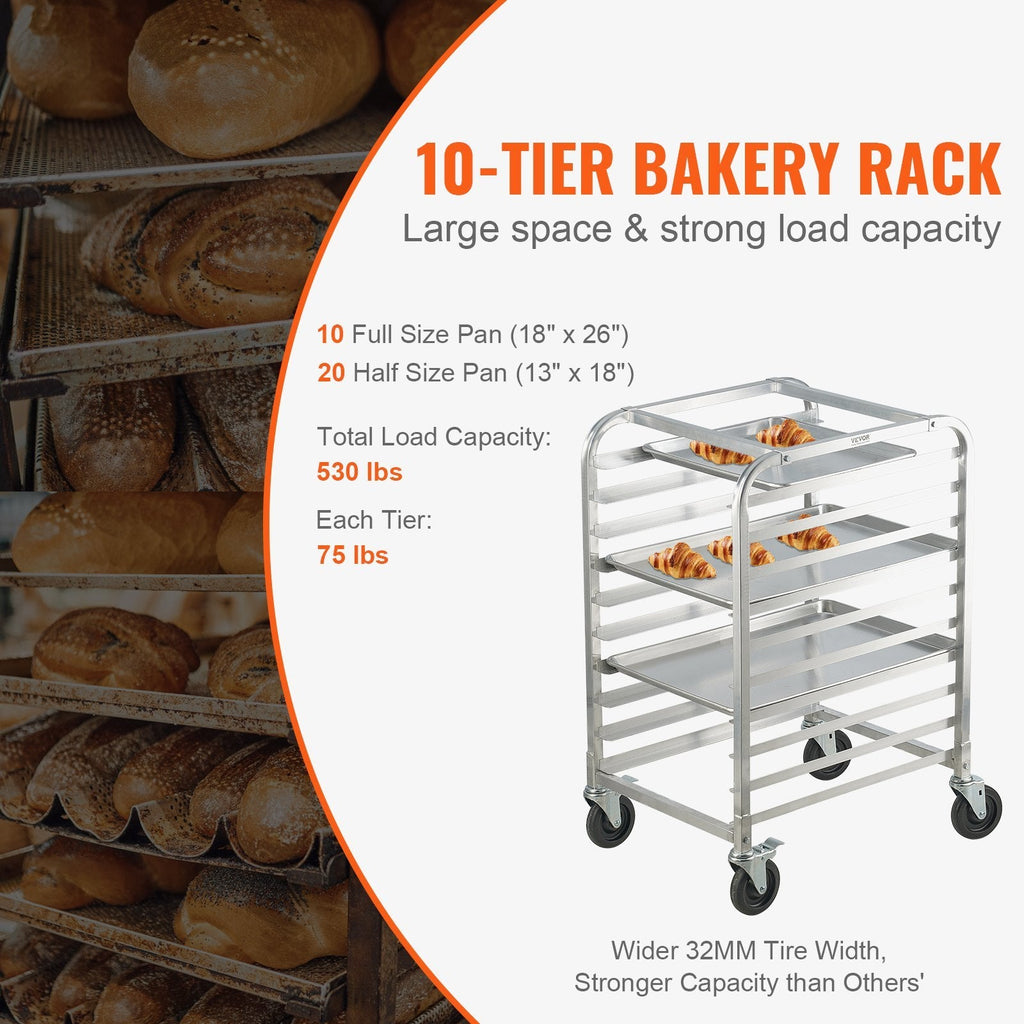 Bun Pan Rack, 10-Tier Commercial Bakery Racks with Brake Wheels, Aluminum Racking Trolley Storage for Half & Full Sheet, Speed Rack For Kitchen Home, Bread Baking Equipment, 26'L x 20.3'W x 39'H