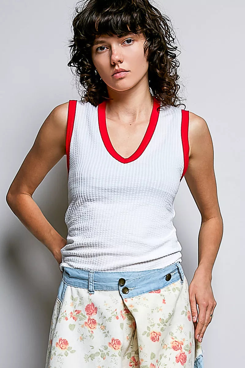 POL V-Neck Contrast Ribbed Sleeveless Tank
