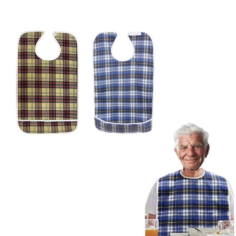FUNSPIREN 2Pcs Adult Bibs for Elderly Men WomenReusable Waterproof Mealtime Clothing Protector with Crumb Catcher