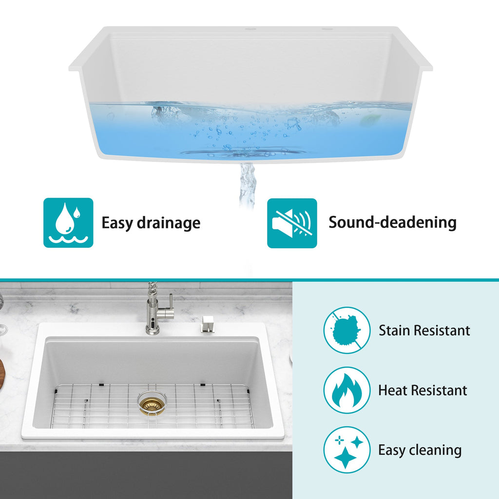 33 x 22 Inches White Granite Composite Quartz Kitchen Sink with Workstation Features and Drop-In Design