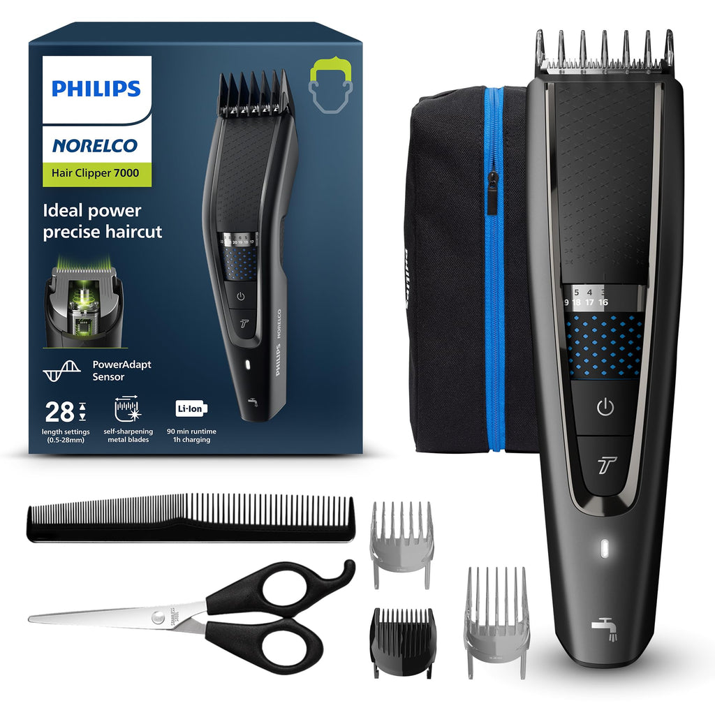 Philips Norelco Hair Clipper 7000 Series Hair and Beard Trimmer Precision Dial PowerAdapt Sensor Trim-and-Flow DualCut DuraPower 28 Length Settings 90 Min. Runtime HC7650/40