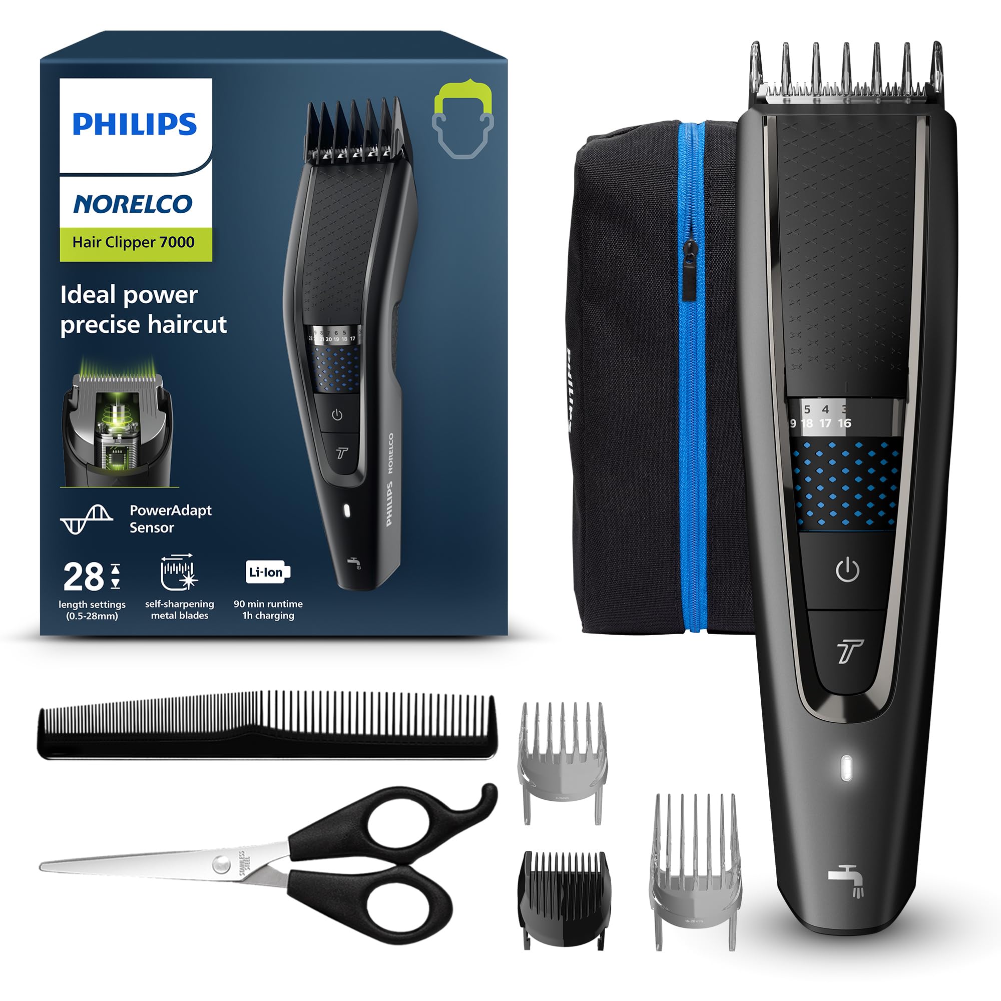 Philips Norelco Hair Clipper 7000 Series Hair and Beard Trimmer Precision Dial PowerAdapt Sensor Trim-and-Flow DualCut DuraPower 28 Length Settings 90 Min. Runtime HC7650/40