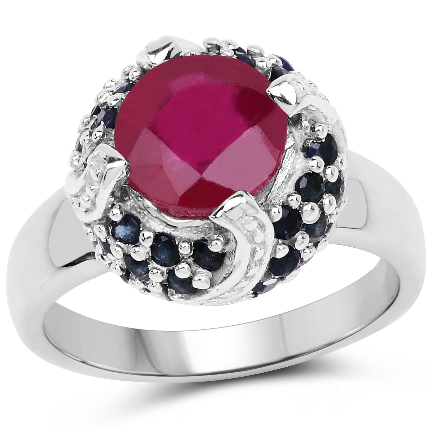 3.70 Carat Glass Filled Ruby and Blue Sapphire .925 Sterling Silver Ring