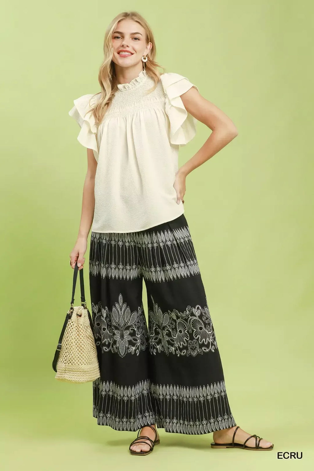 Umgee Smocked Ruffle Sleeve Textured Top