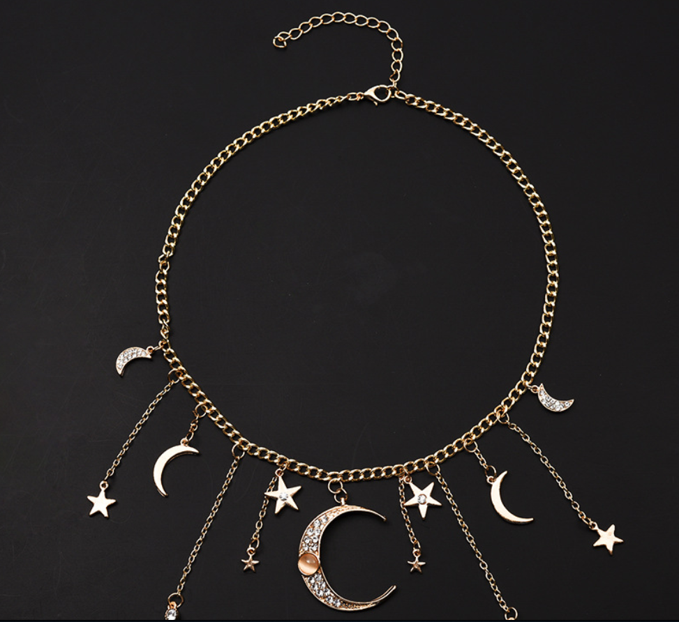 Star and Moon Tassel Pendant Chain Necklace