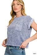 Zenana Halo Snow Washed Cotton Cuffed Short Sleeve Top
