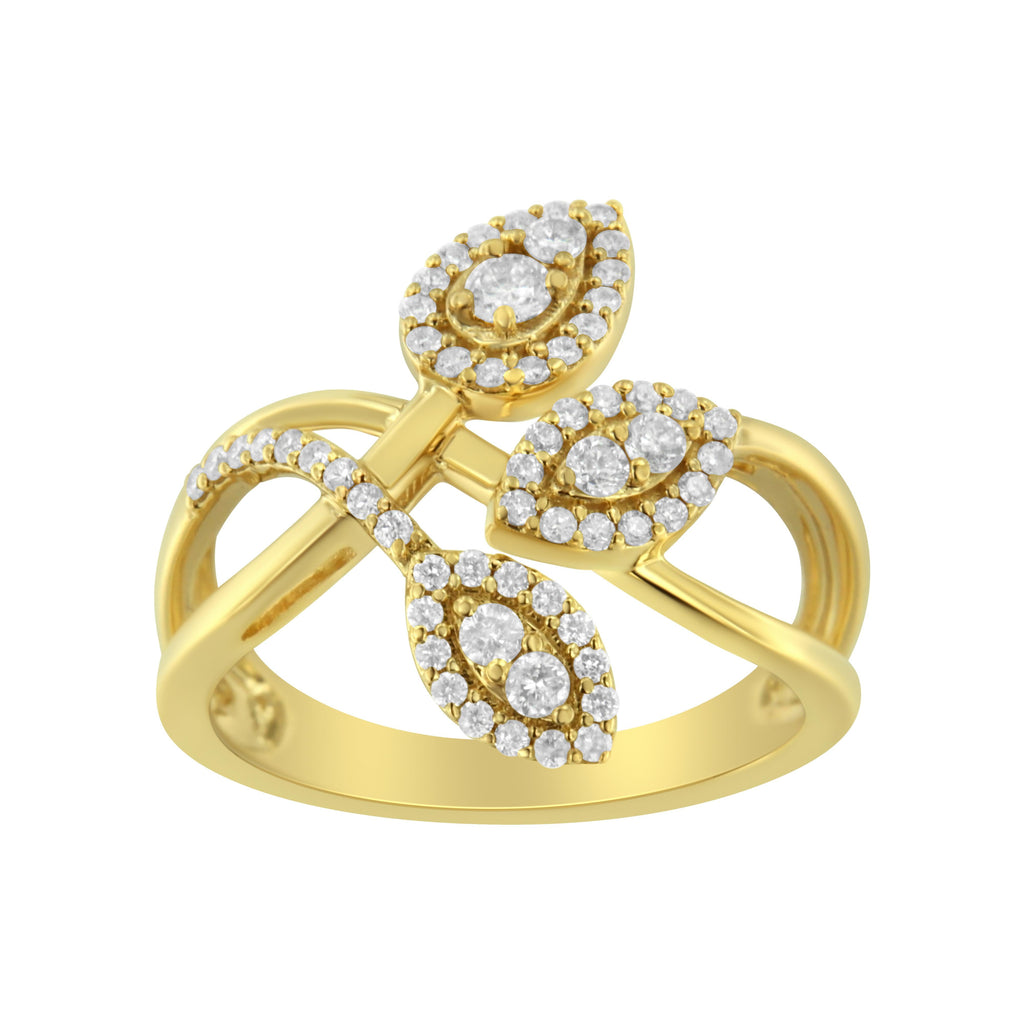 10K Yellow Gold 1/2 Cttw Round-Cut Diamond Layered Crossover Triple Leaf Bypass Ring (I-J Color, I1-I2 Clarity) - Size 7