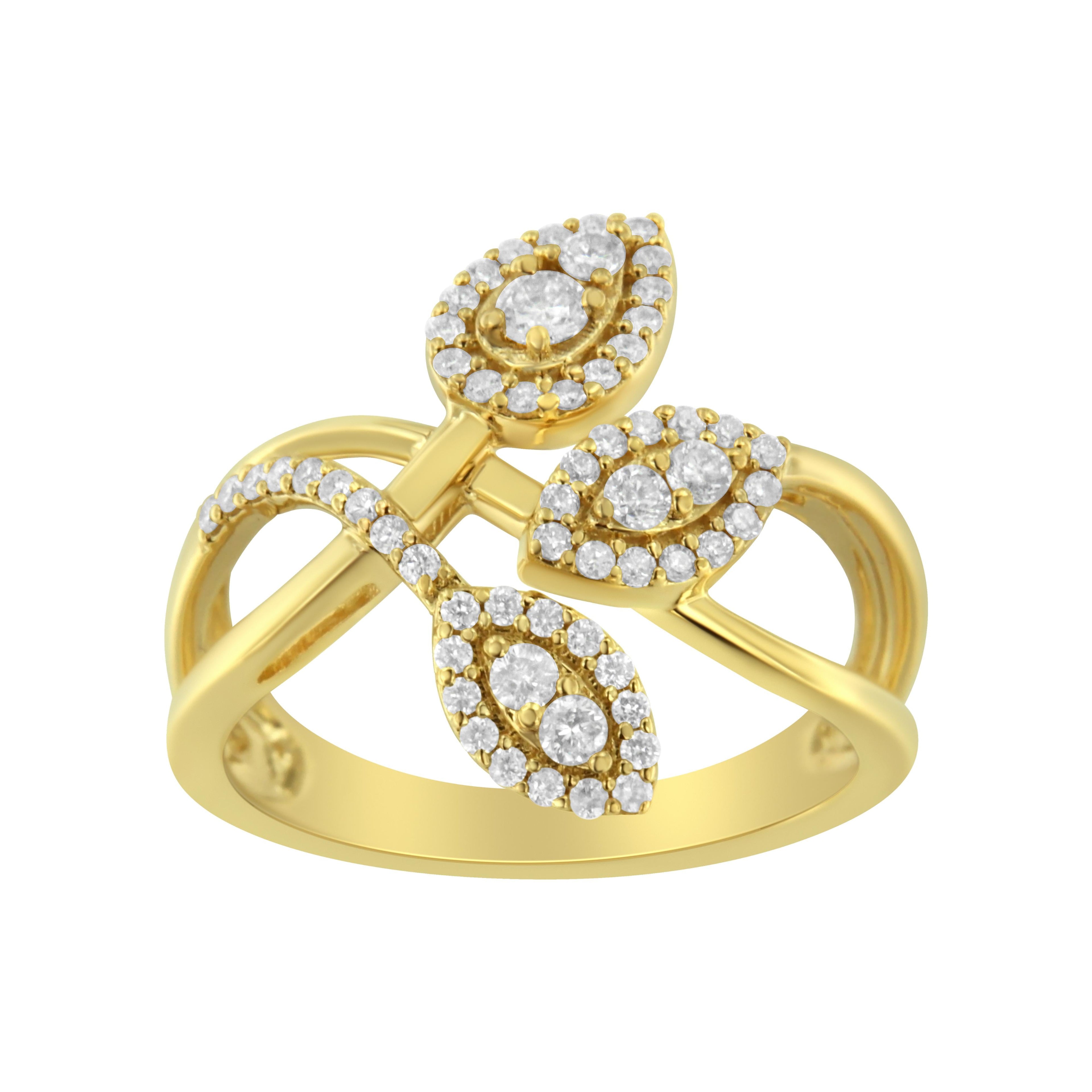 10K Yellow Gold 1/2 Cttw Round-Cut Diamond Layered Crossover Triple Leaf Bypass Ring (I-J Color, I1-I2 Clarity) - Size 7