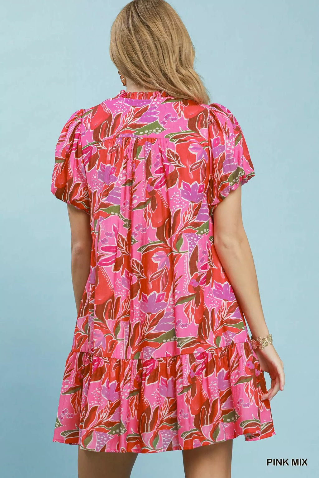 Umgee Tropical Floral Puff Sleeve Tiered Mini Dress
