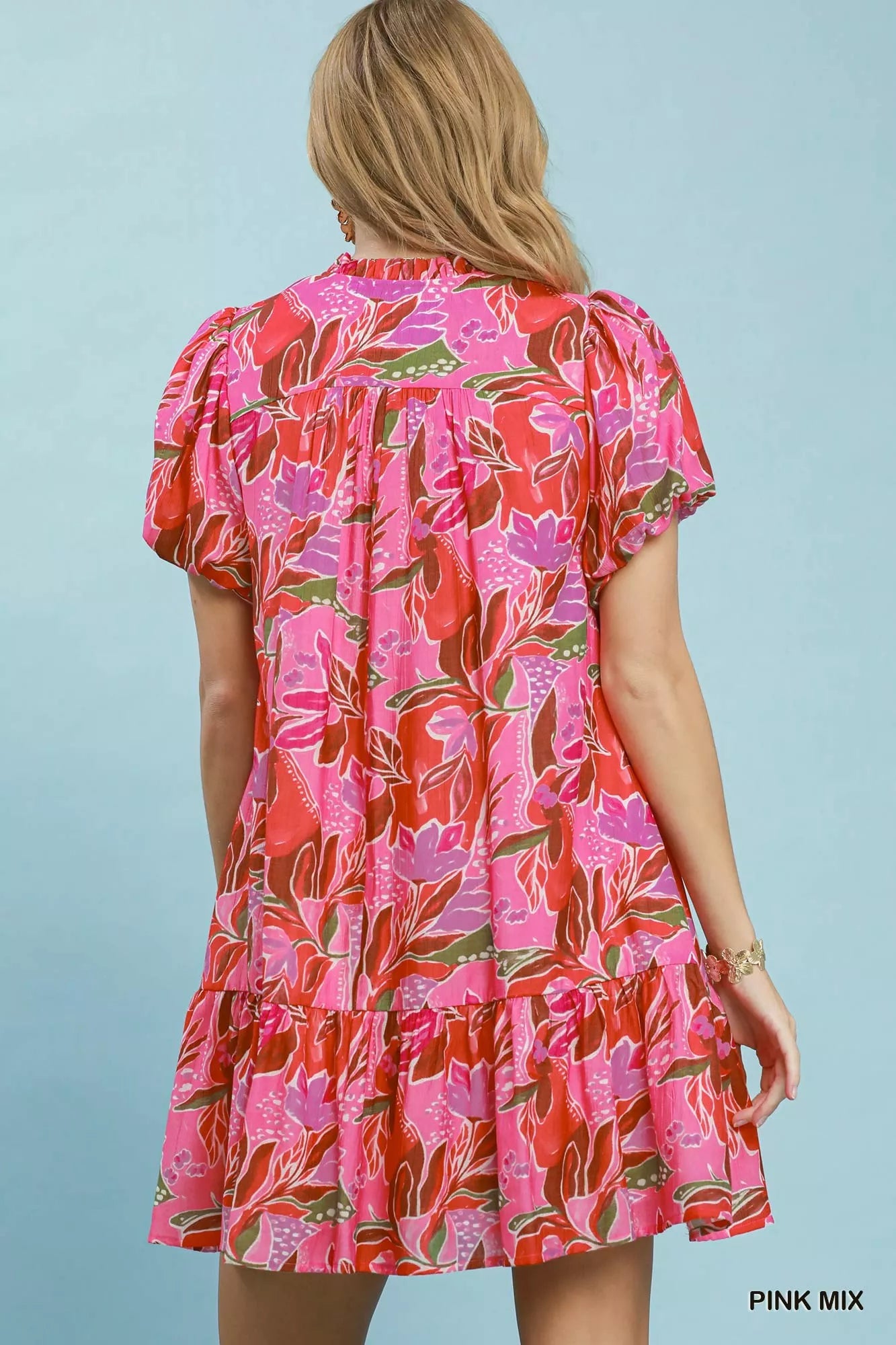 Umgee Tropical Floral Puff Sleeve Tiered Mini Dress