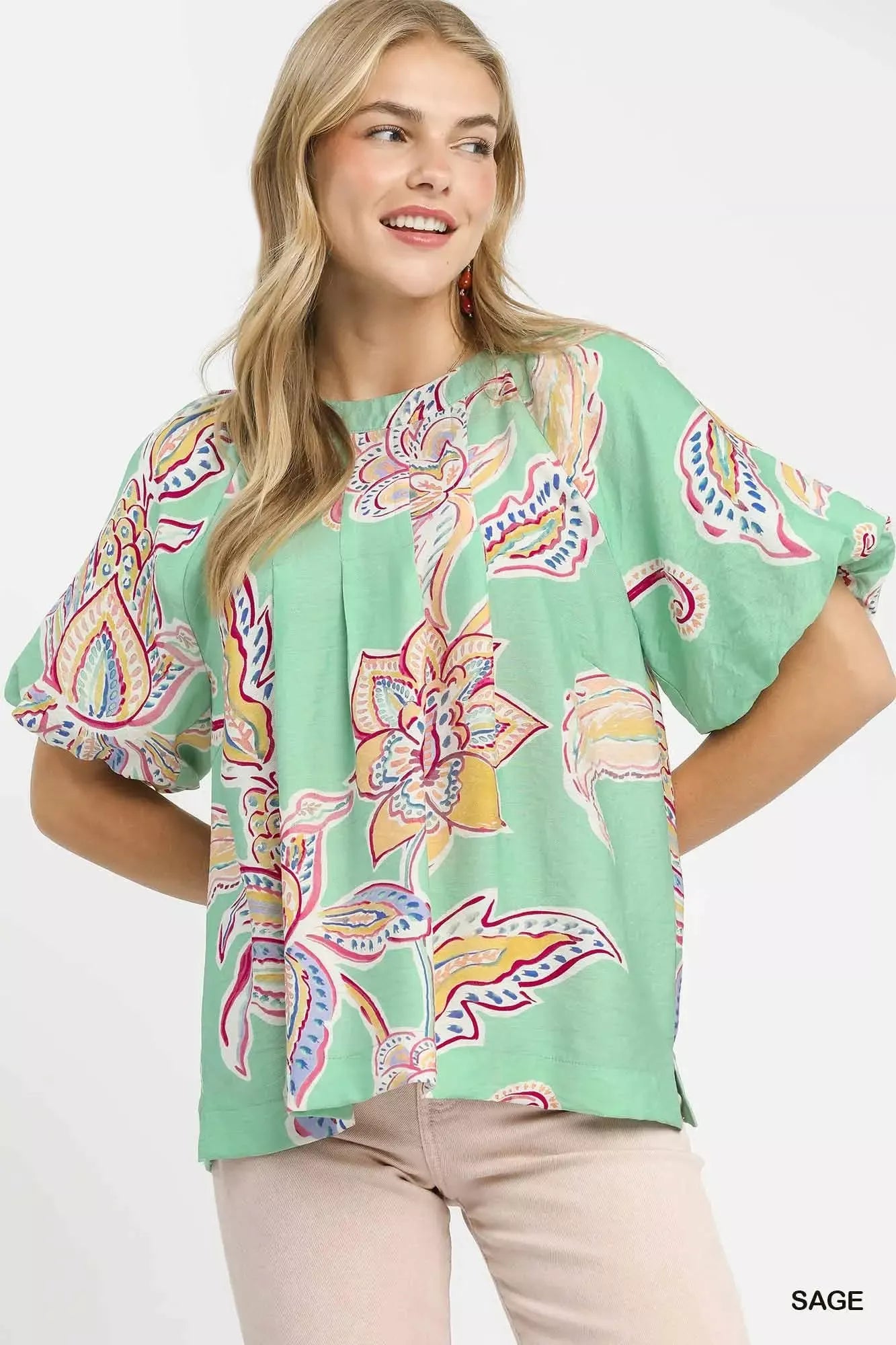 Umgee Paisley Print Puff Sleeve Top