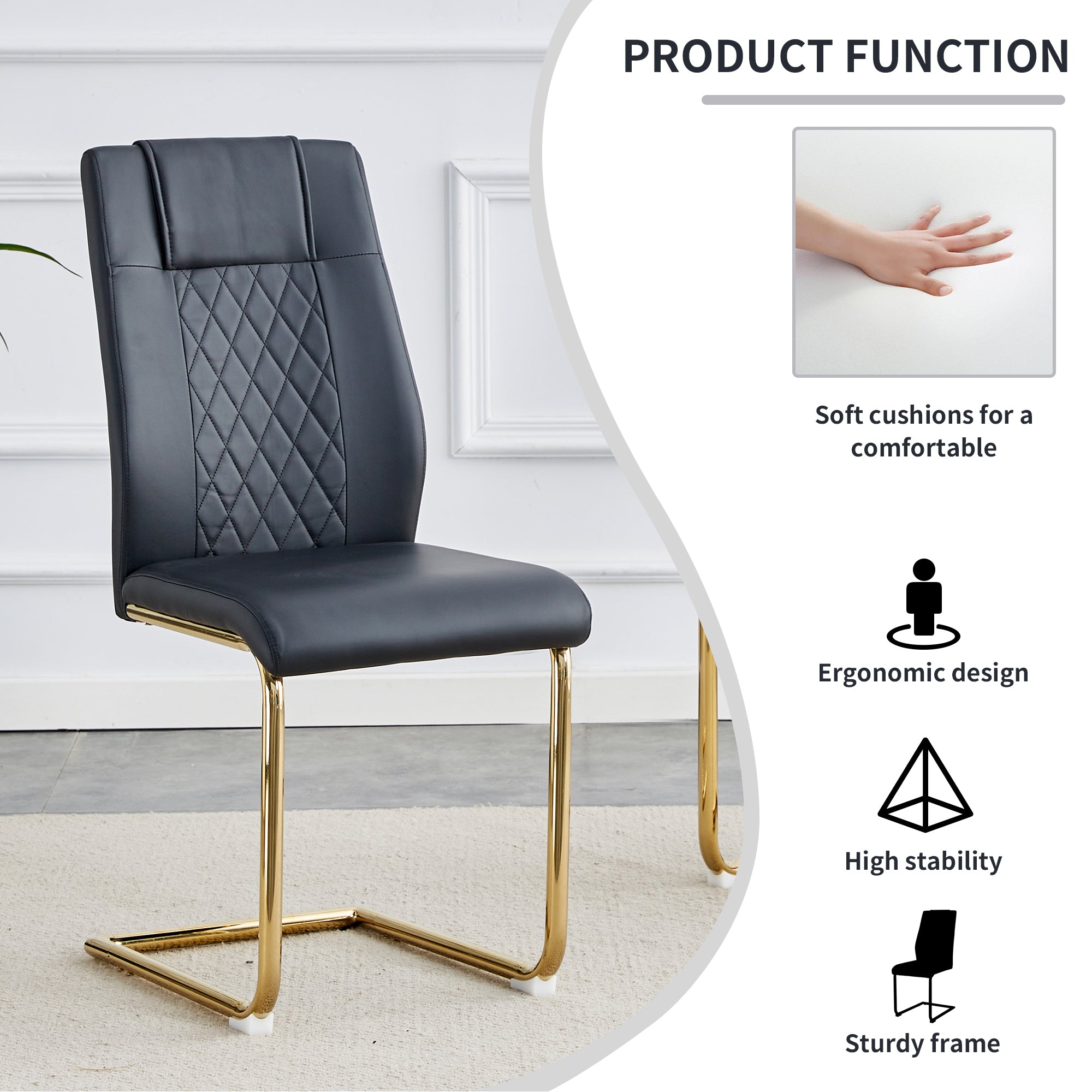 Modern dining chairs with faux leather padded seats, dining room chairs, gold metal leg upholstered chairs, suitable for kitchens, living rooms, bedrooms, and offices, set of 6 (black+PU leather)C-001