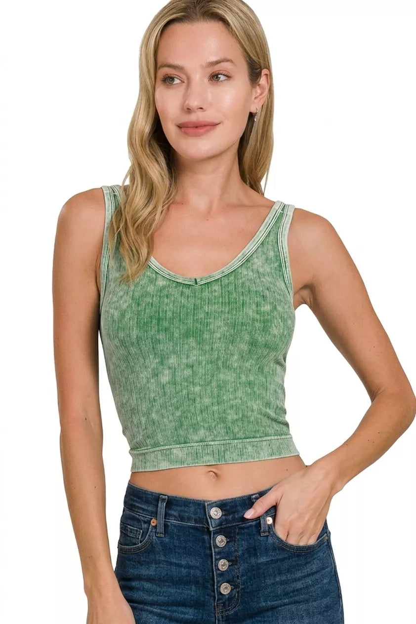 Zenana Washed Ribbed Seamless Cropped V-neck Tank Top