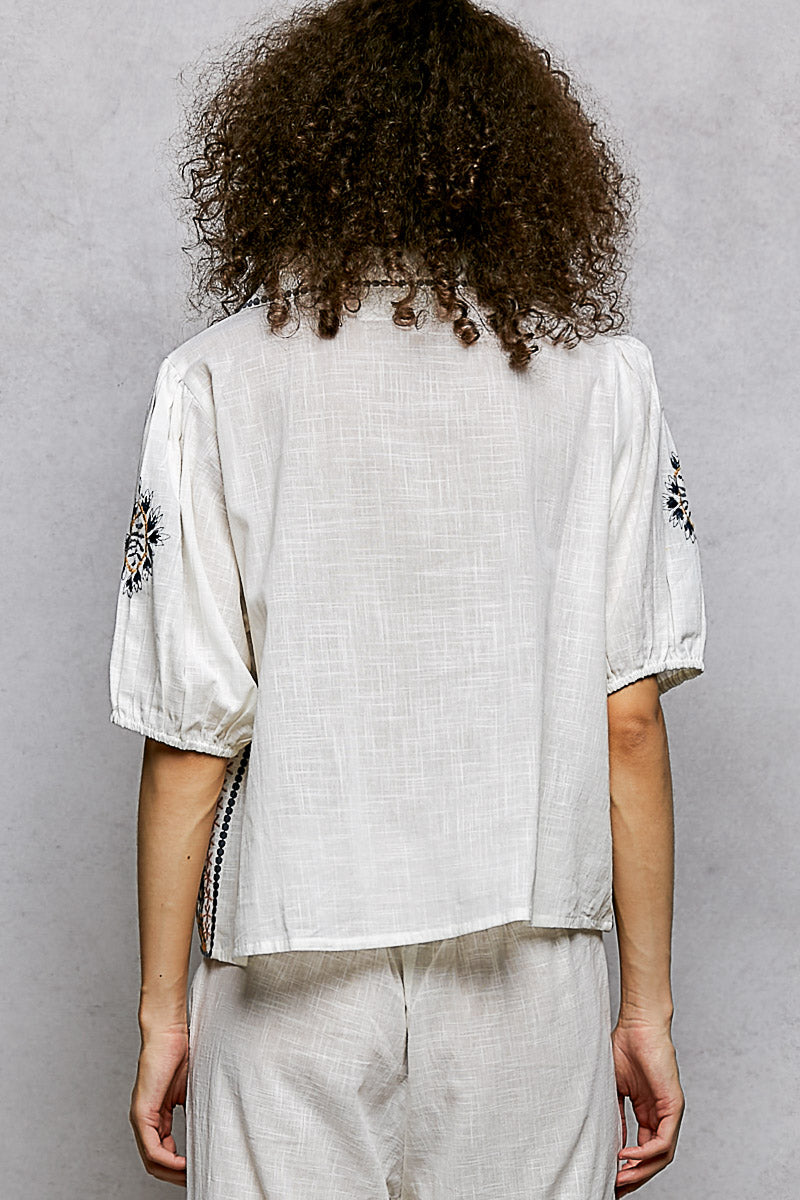 POL Button Down Embroidered Floral Short Sleeve Shirt