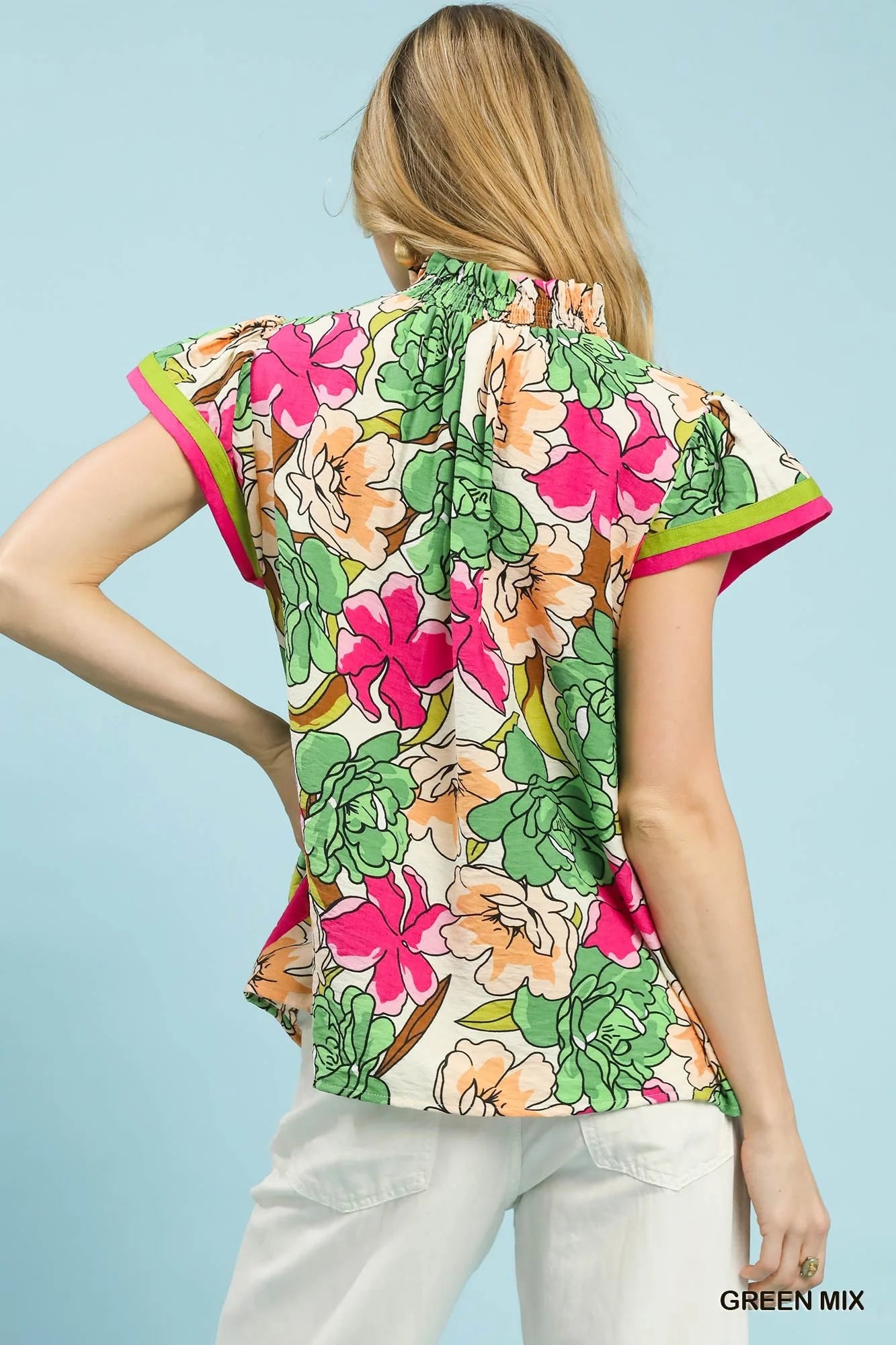 Umgee Floral Print Blouse with Contrast Trim