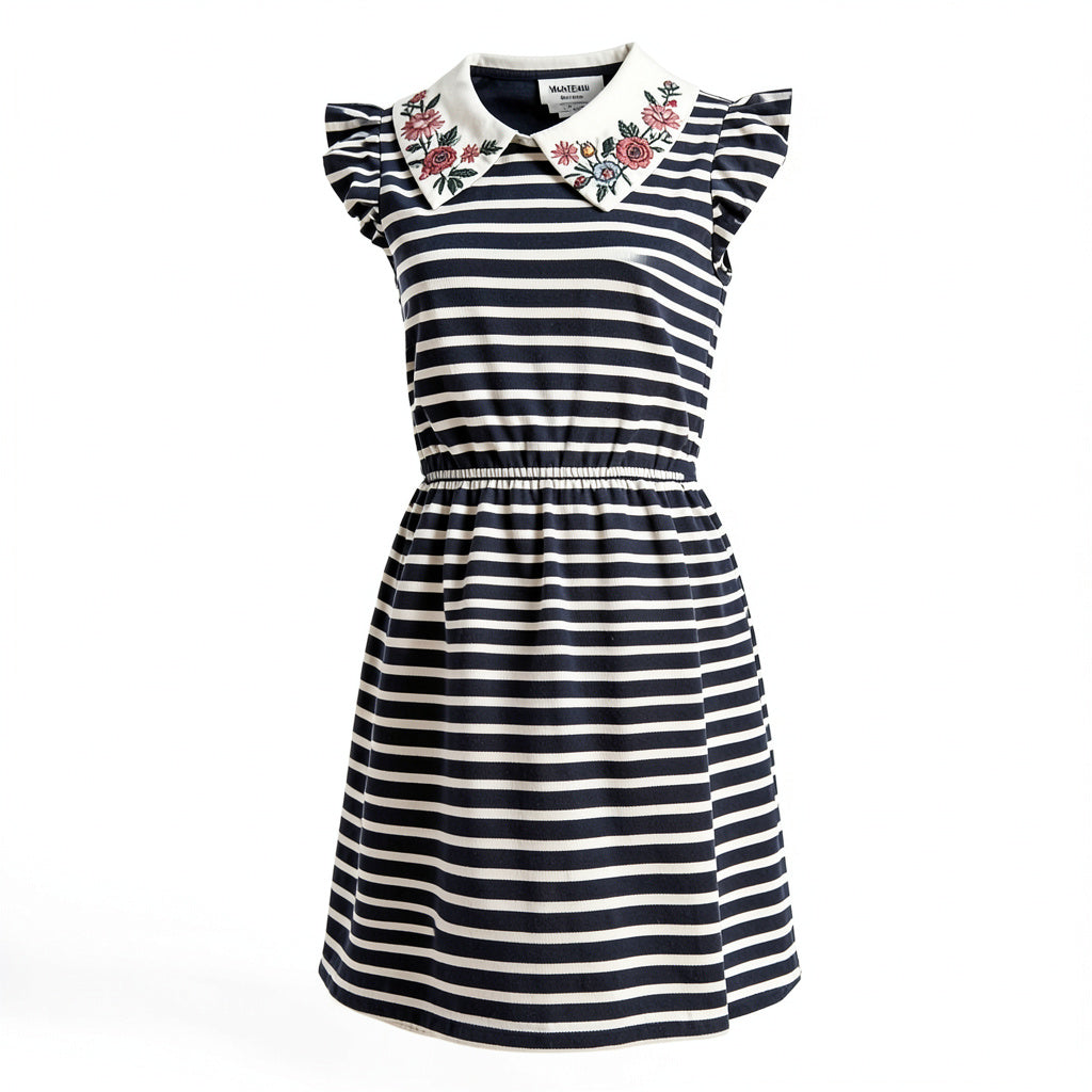 Monteau Big Girls Embroidered Collar Striped Dress, Size Small