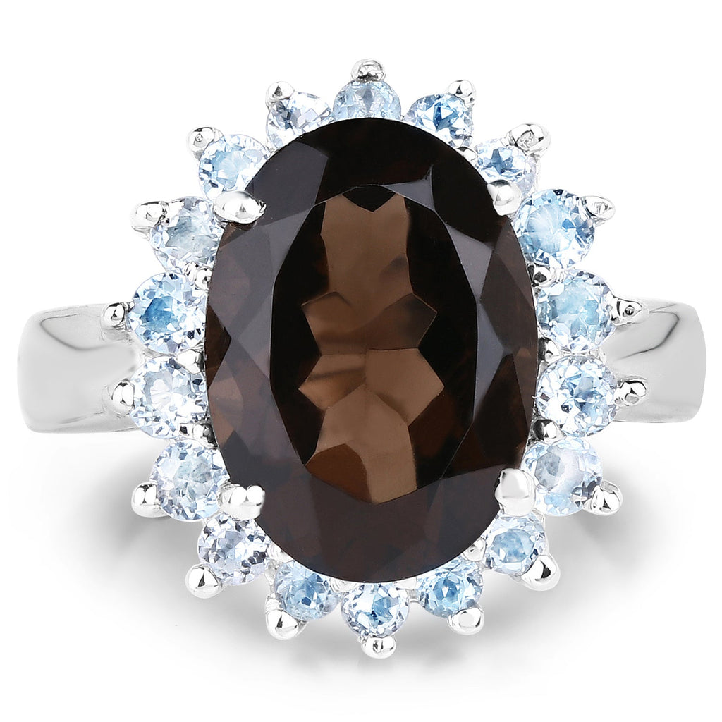 6.79 Carat Genuine Smoky Quartz & Blue Topaz .925 Sterling Silver Ring